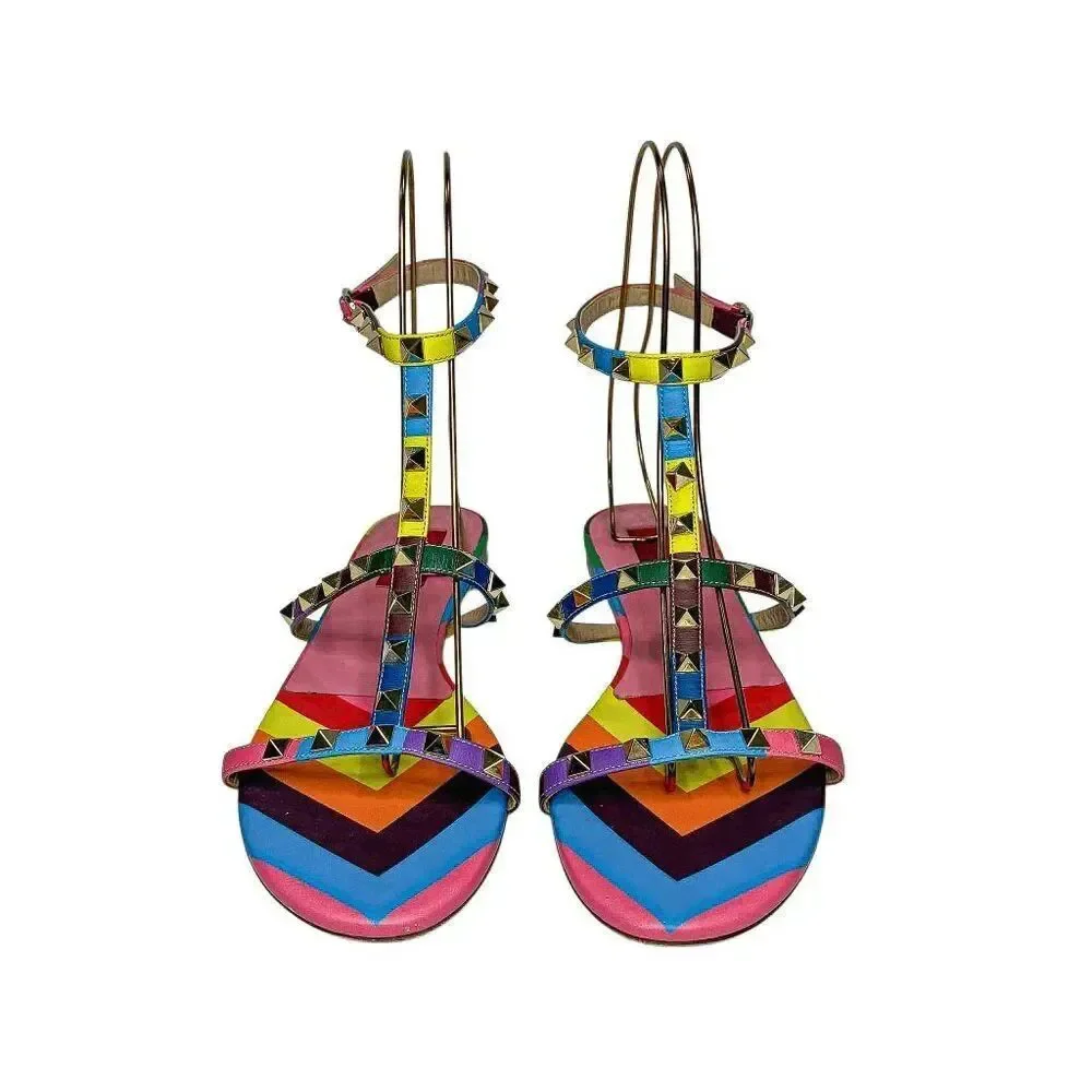 Valentino Multicolor Rockstud Gladiator Rainbow Leather Flat Caged Sandals EU 40